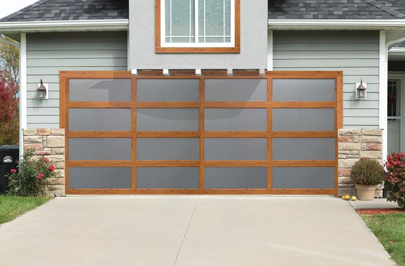 Glass door, wood finish frame, tinted glass, double door, in a lap siding wall