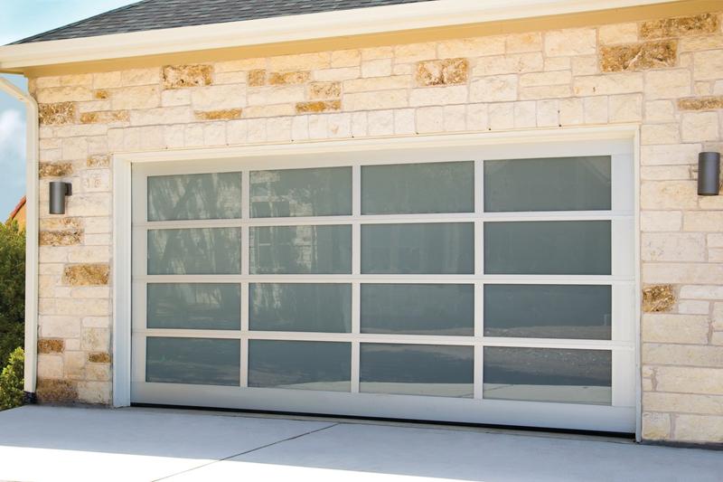 Glass door, clear aluminum frame, frosted glass, double door, in a stone wall