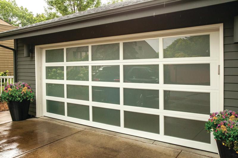 Glass door, white frame, satin glass, double door, in a lap siding wall