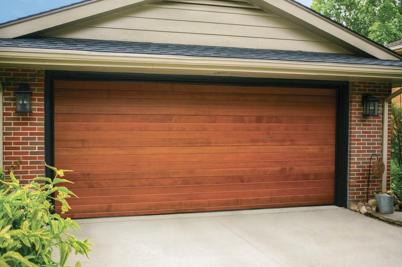 Medium wood door, horizontal planks, double door, in a brick wall