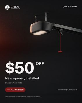 $50 off a new opener. Openers from $620, installed. Code CG-OPENER, good through Dec 31, 2026.